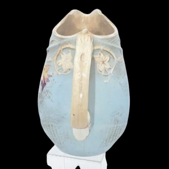 Vintage Hand Painted Pitcher Leaf & Web Design Blue Purple Yellow Tan Gold - Picture 5 of 8